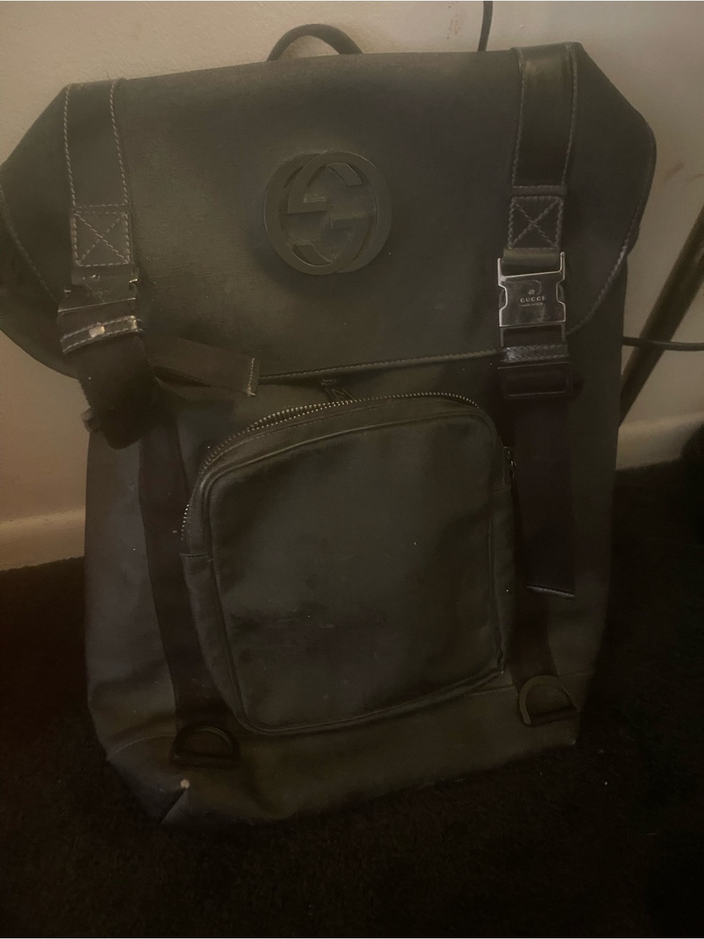 Gucci Black Men's Logo Flap Backpack Large GG
